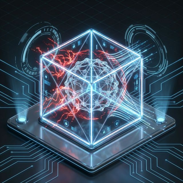 AI Guardrails Visualization showing a containment prism Filtering risk particles.