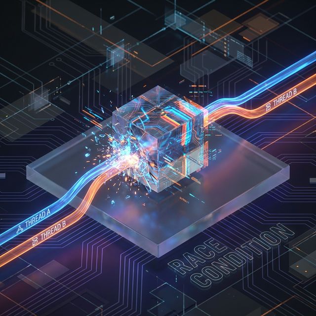 Race Condition Visualization showing colliding data threads.